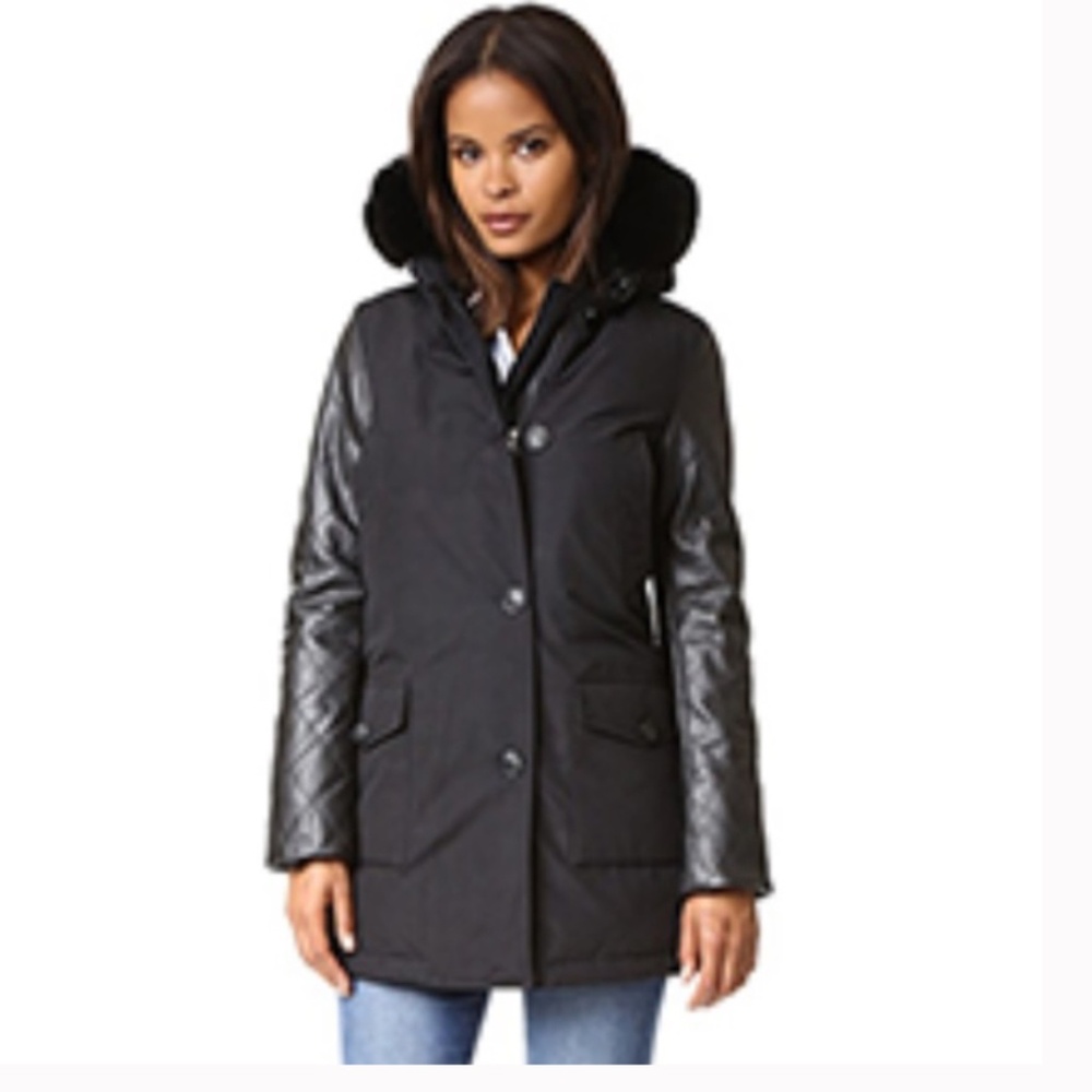Woolrich Black Leather Sleeve Fox Fur Trimmed Down Filled Arctic Parka S